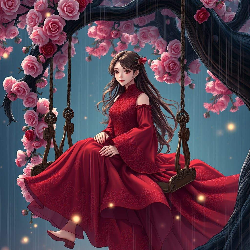 Mystical Anime Goddess on Crimson Swing
