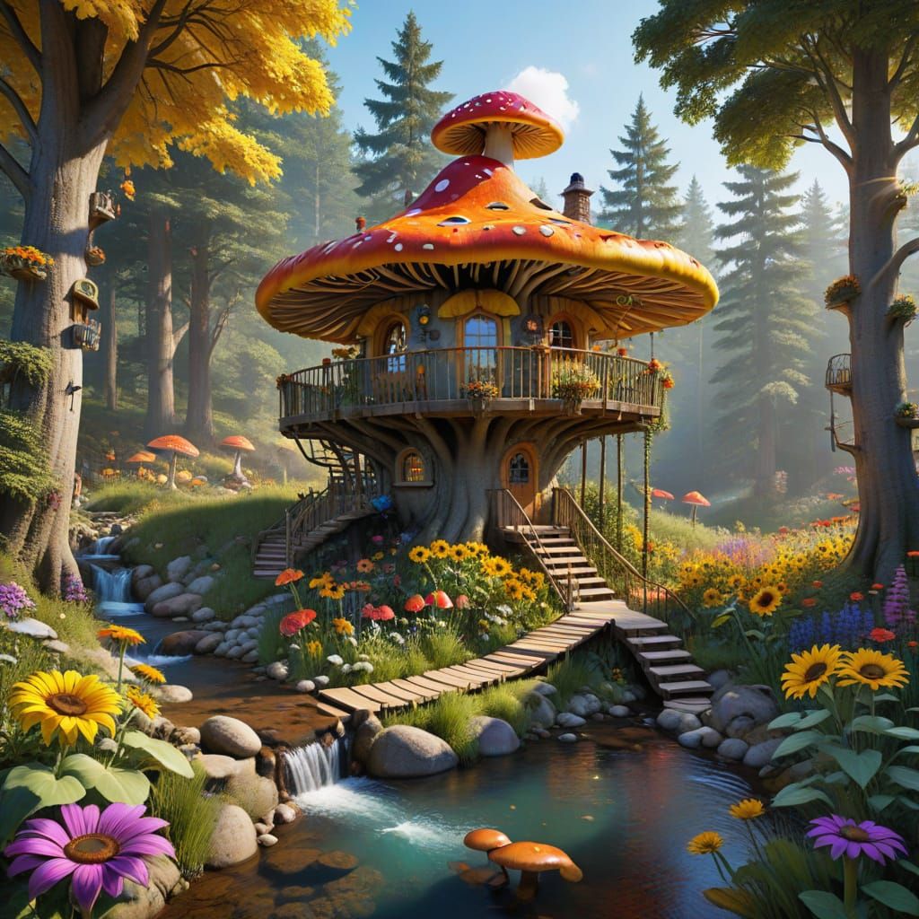 Whimsical Treehouse in Vibrant Forest