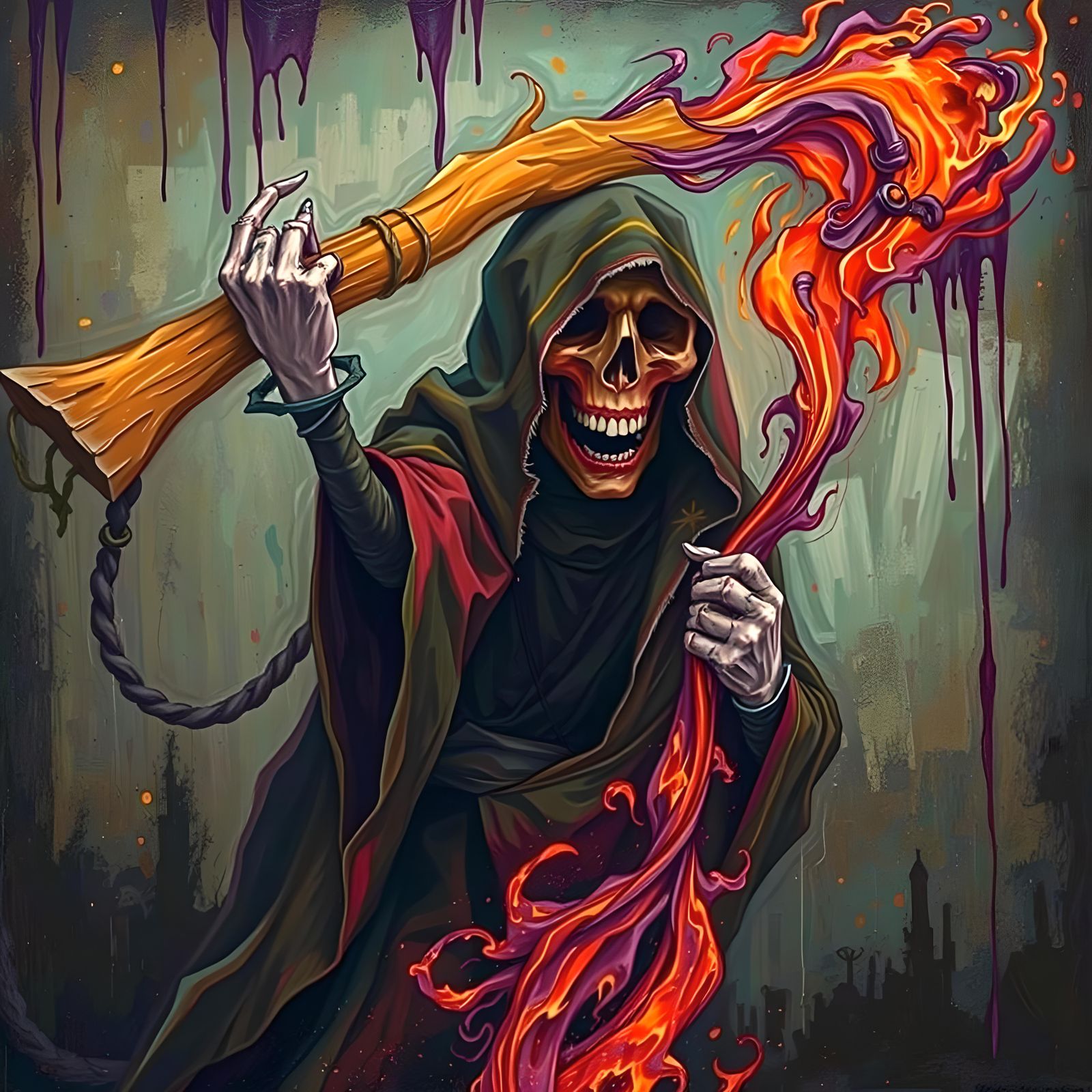 Tormented Figure in a Fauvist Flamescape with a Grim Reaper...