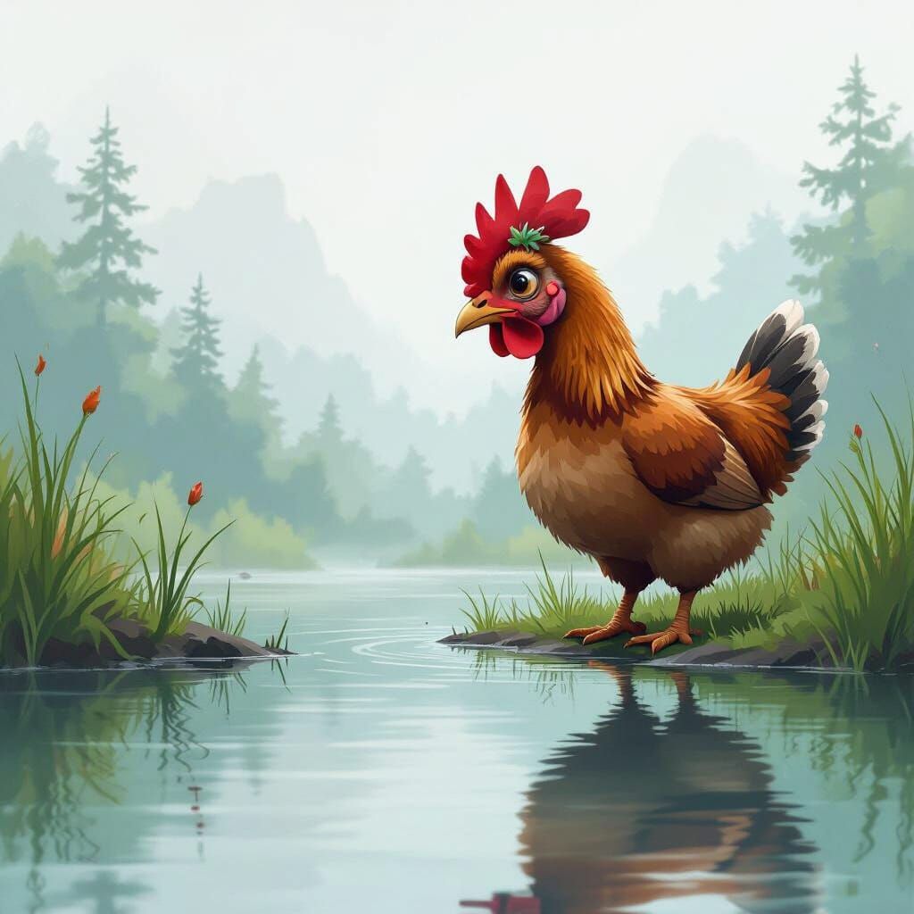 Sorrowful Dinosaur Hen Gazing into Misty Lake