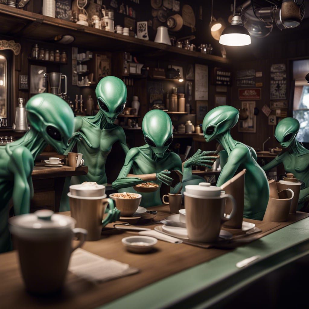 Alien Beings Dancing in a Coffee Maker within a Galaxy