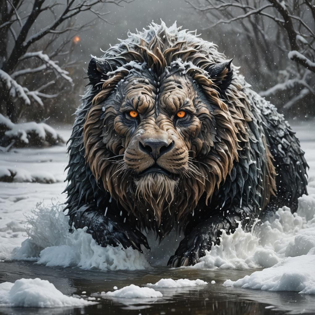 Macabre Hyperrealistic Beast Stands in Snowy Pond