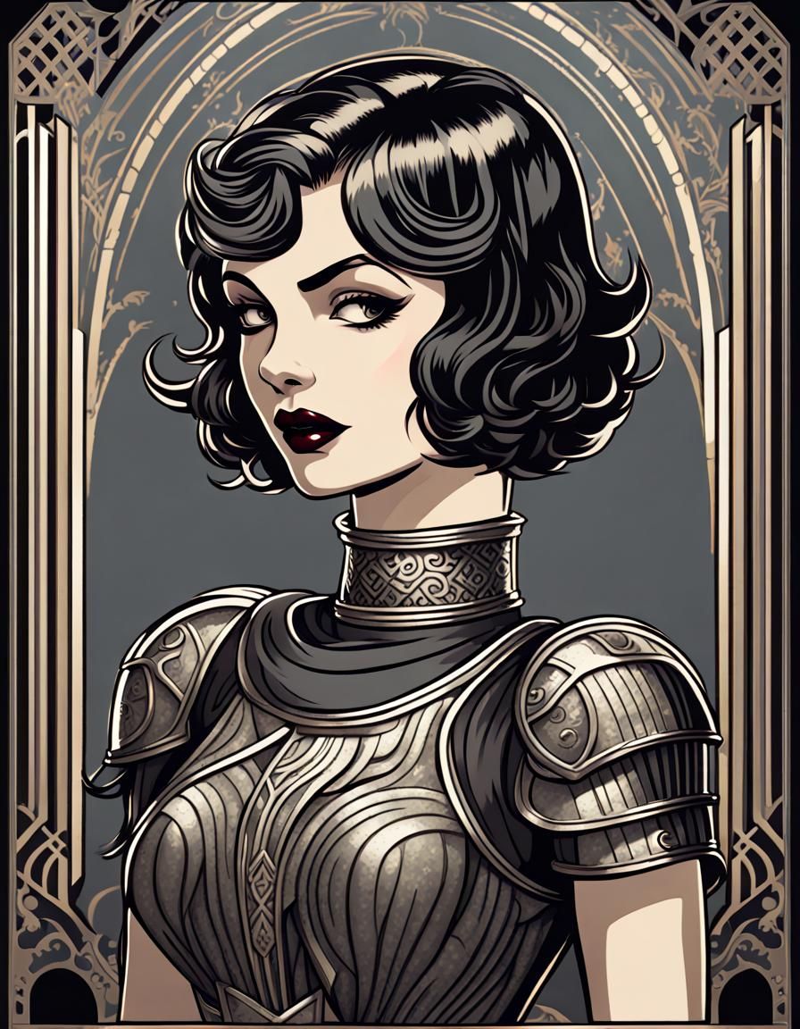 Gothic Pin-Up Lady Knight in Dark Fantasy Art Deco Style