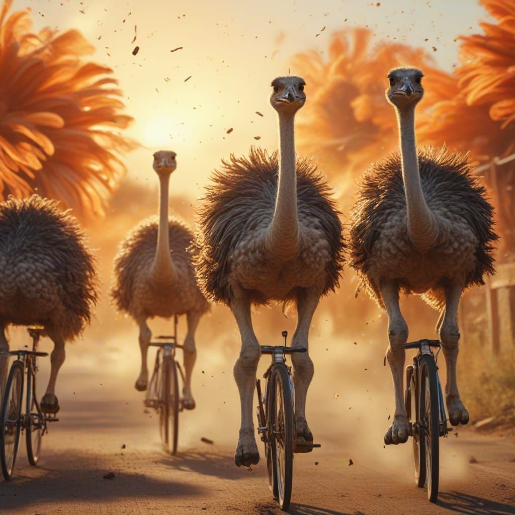 Ostriches Bicycle Race in Vibrant Digital Painting