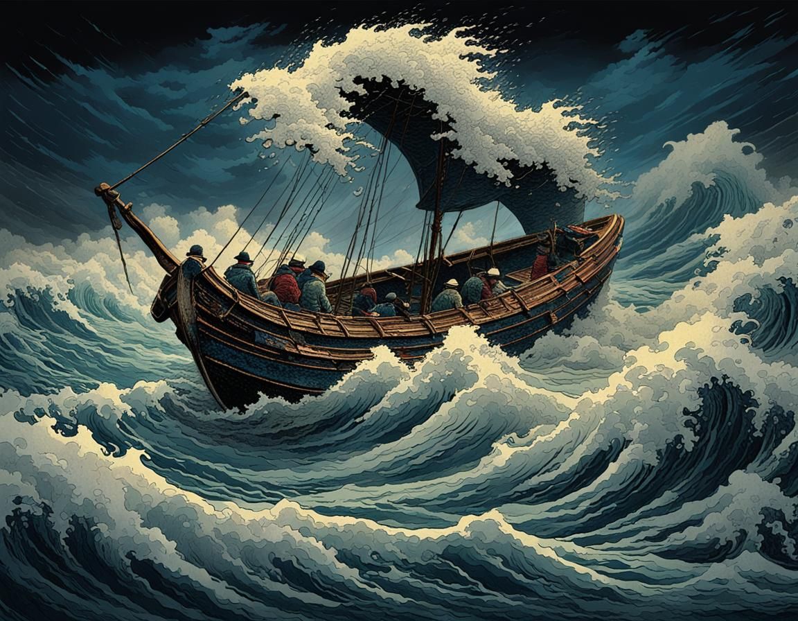 Vivid Stormy Sea in Impasto Style with Japanese Fishing Boat