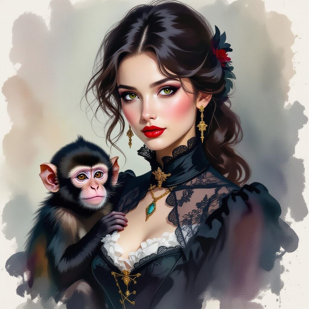 Gothic Lady With Mischievous Monkey in Watercolor Style