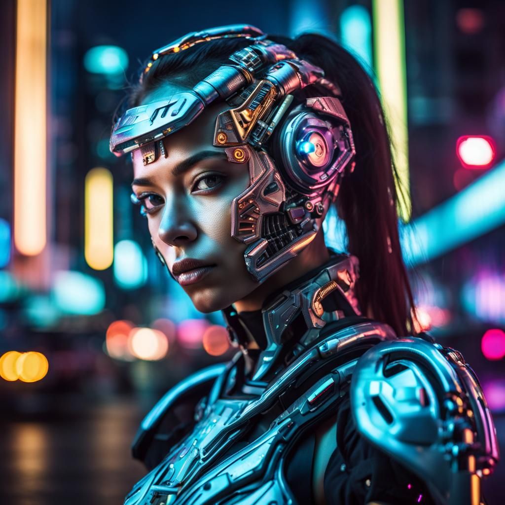 Cyborg Girl in Neon City at Night in Hyperrealistic Style