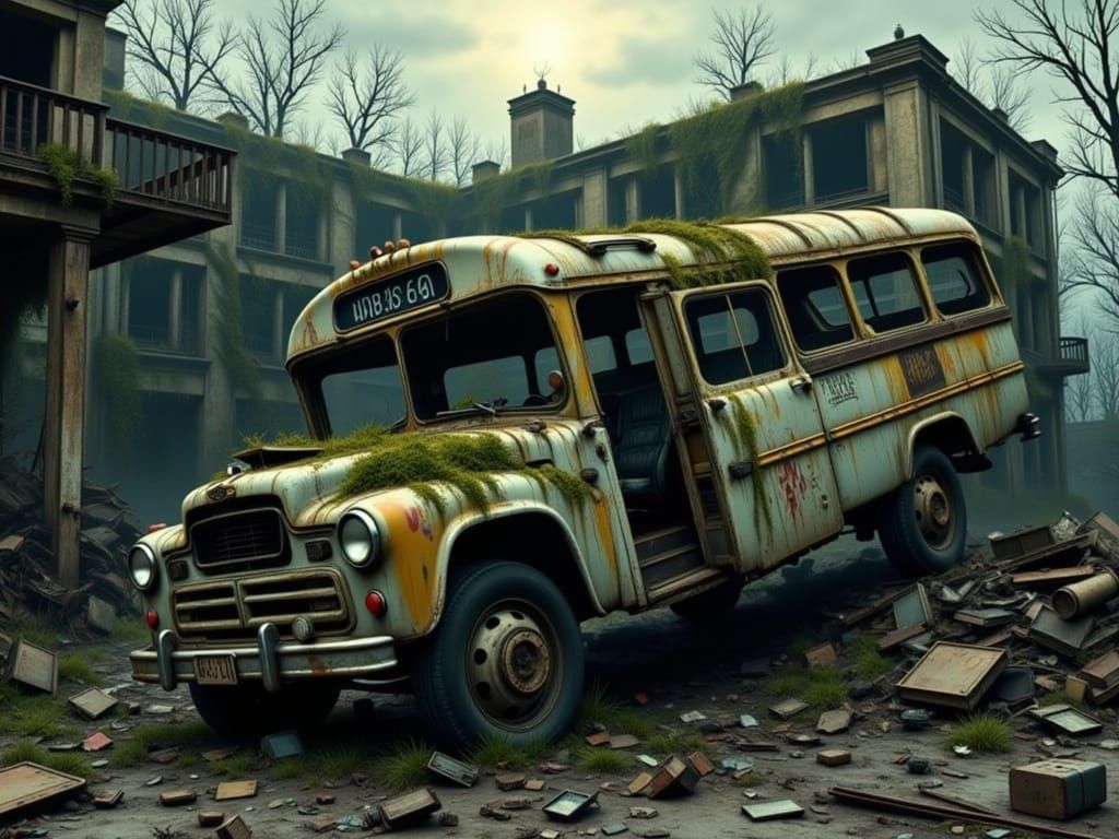 Abandoned Bus in Dreamcore Post-Apocalyptic World