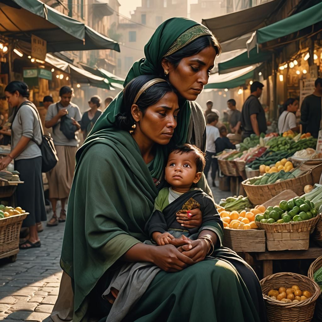 A Grieving Roma Woman Seeks Alms in a Smoky Market Scene