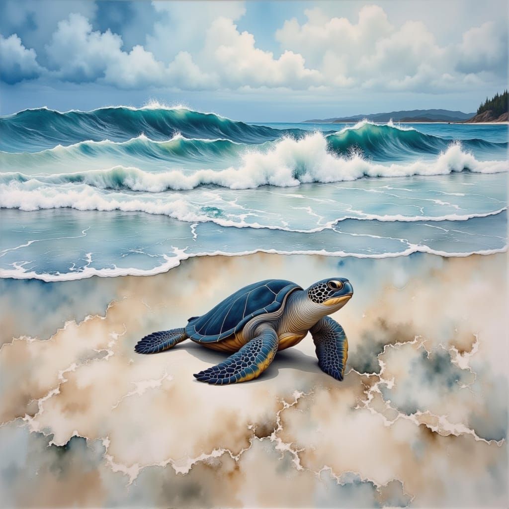 Sea Turtle Nesting on Beach in Vibrant New Color Style