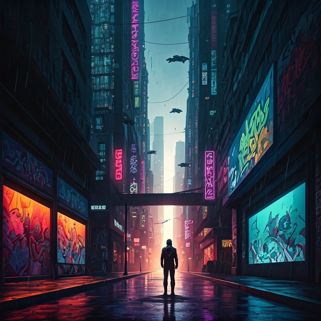 Graffiti Cyberpunk Cityscape with Flying Vehicles