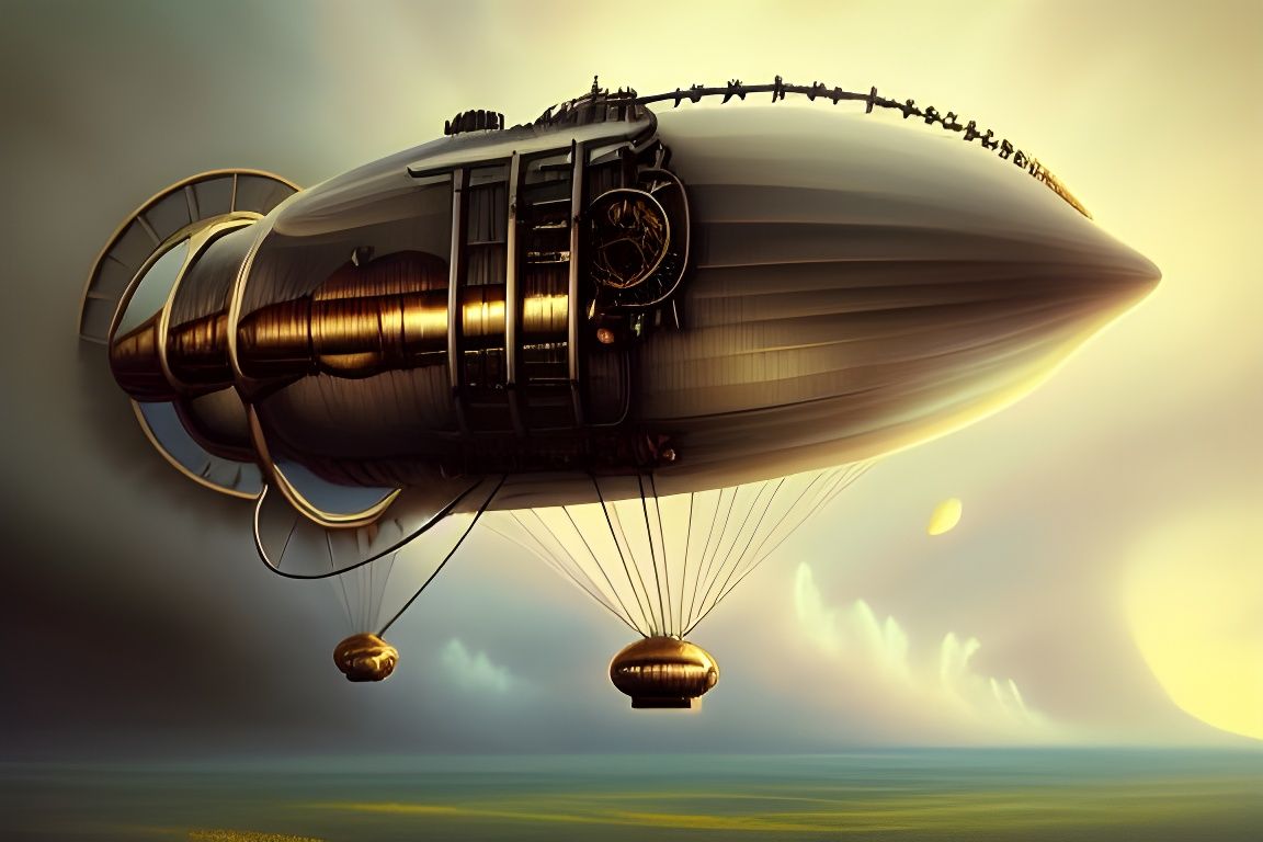 Surreal Steampunk Masterpiece of a Happy Flying Zeppelin in...