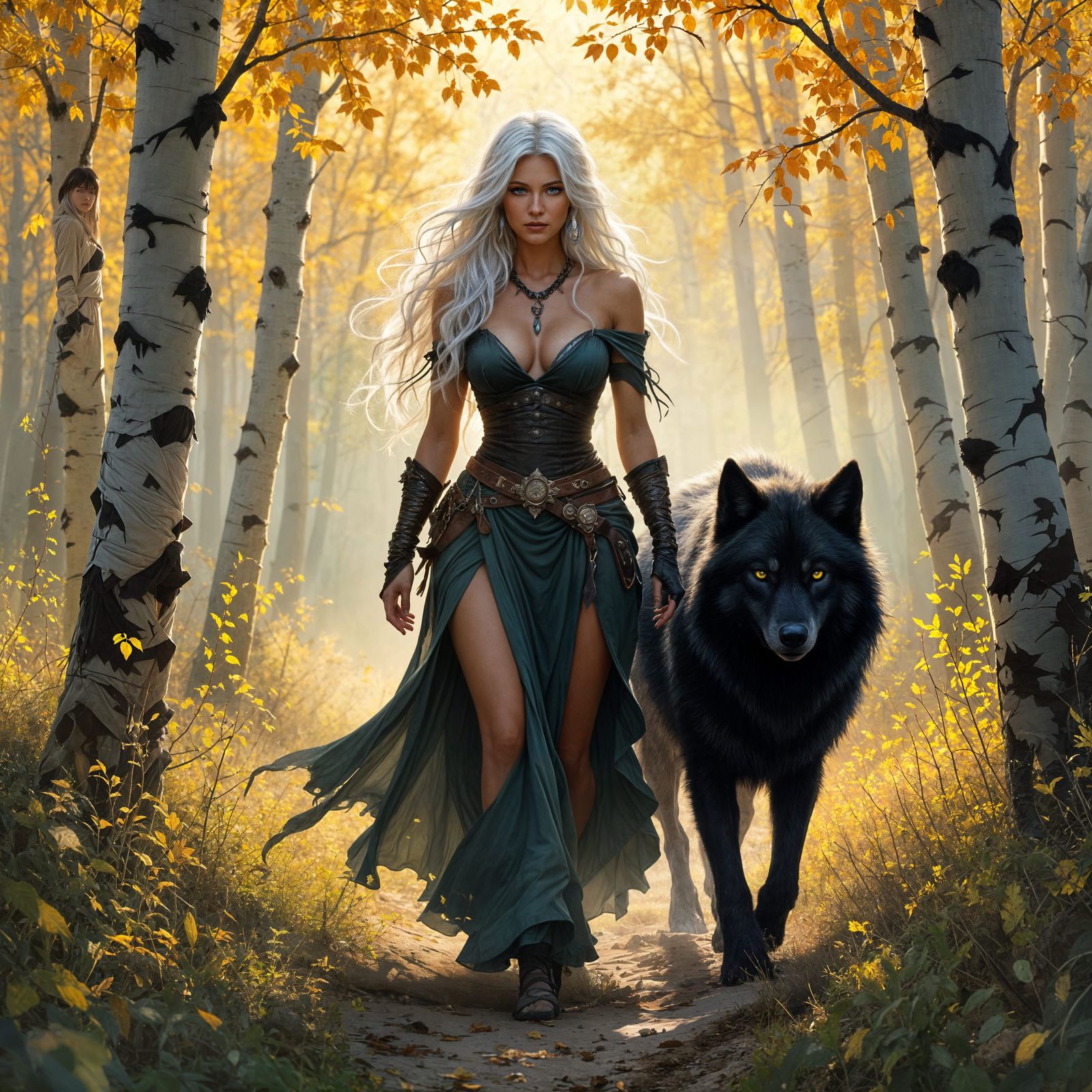 Female Druid and Wolf in Aspen Grove