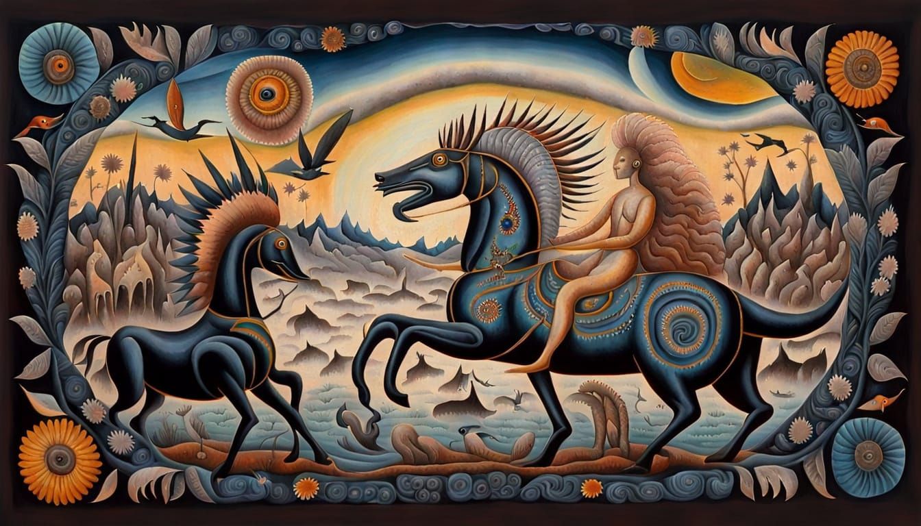 Exotic Creatures in Folk Art Style