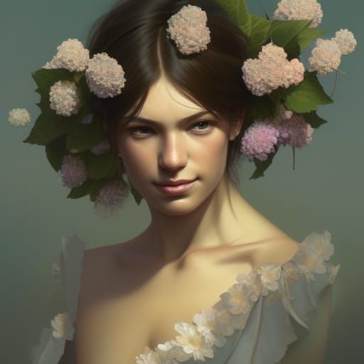 Hydrangea Woman Portrait in Art Nouveau Style