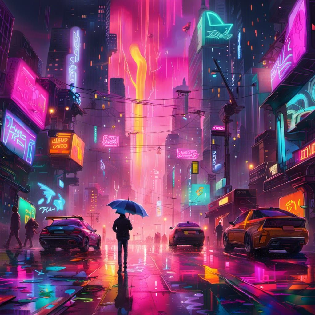 Cyberpunk Night City Masterpiece in Oil Painting