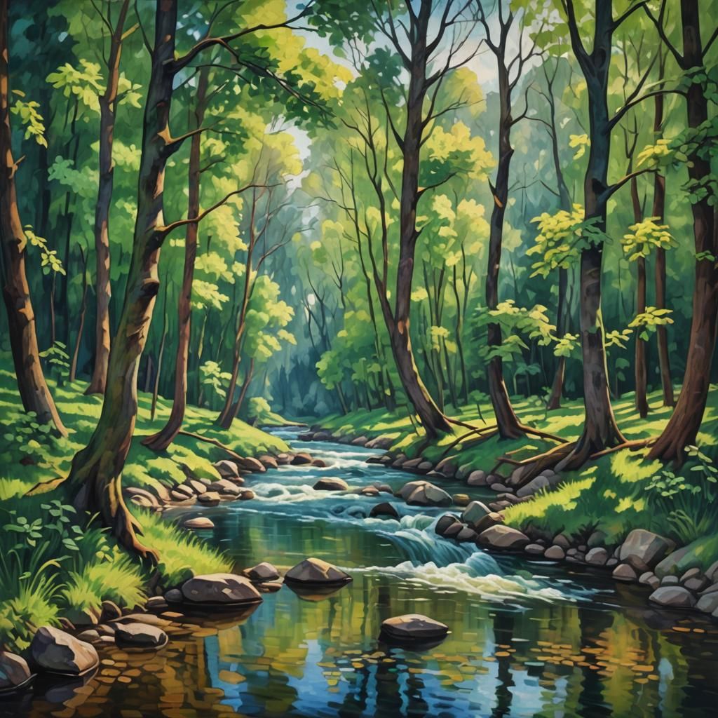 Serene Forest River in Post-Impressionistic Oil Painting Sty...