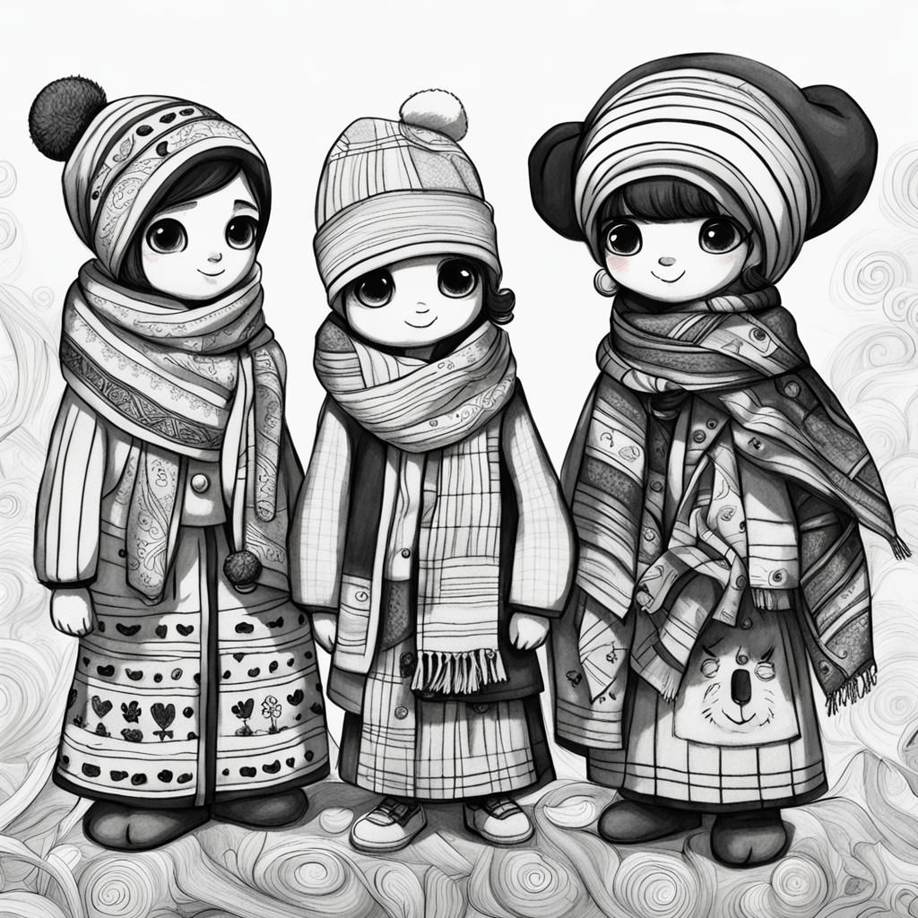 Cute Black and White Cartoon Characters in Scarves