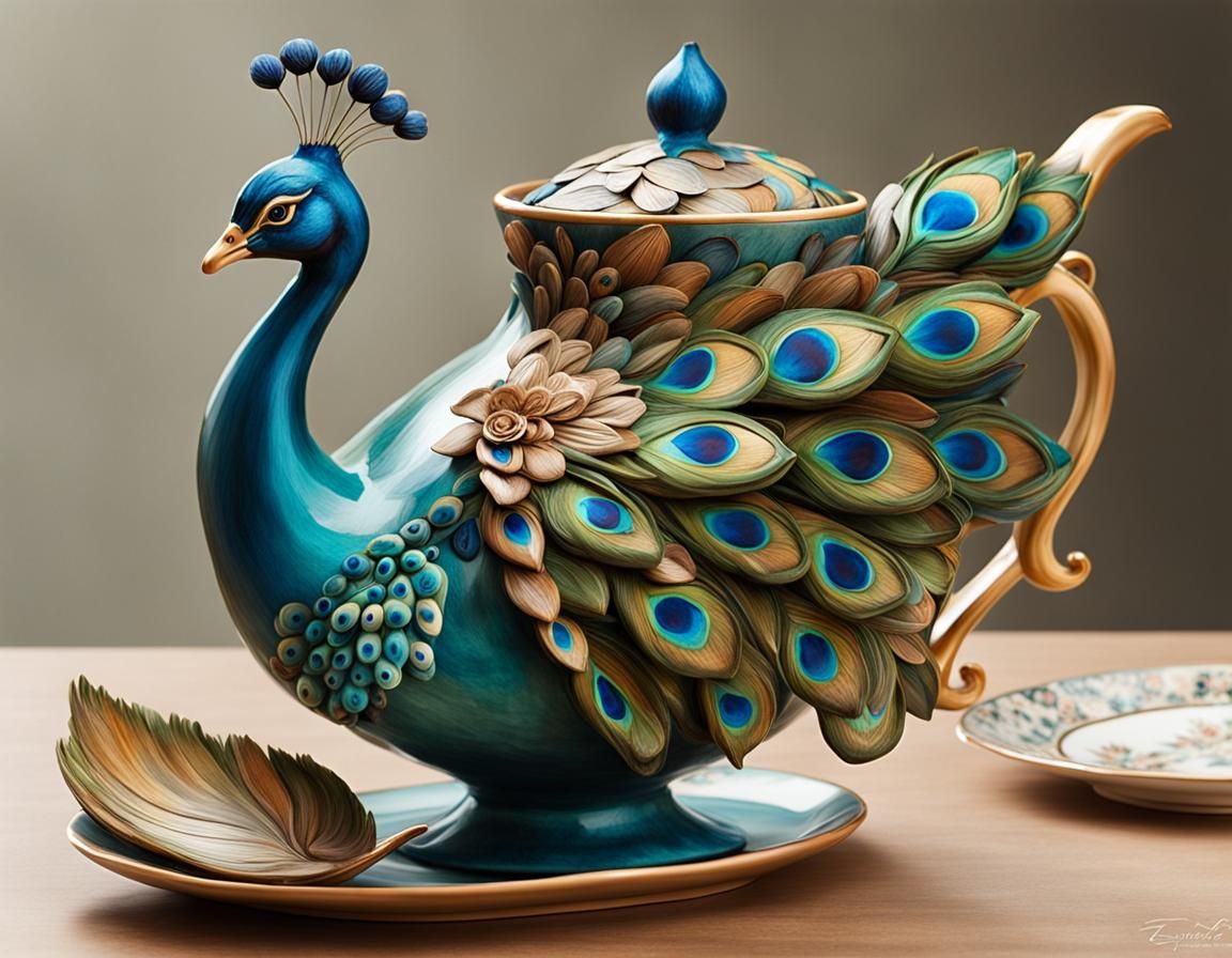 Surreal Whimsical Clay Teapot with Peacock Shape and Butterf...