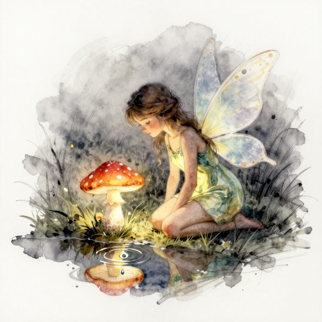 Mushroom Fairy Gazes at Rippling Puddle