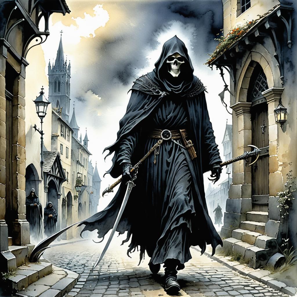 Dark Medieval Grim Reaper Strolls Down Misty Street in Regal...