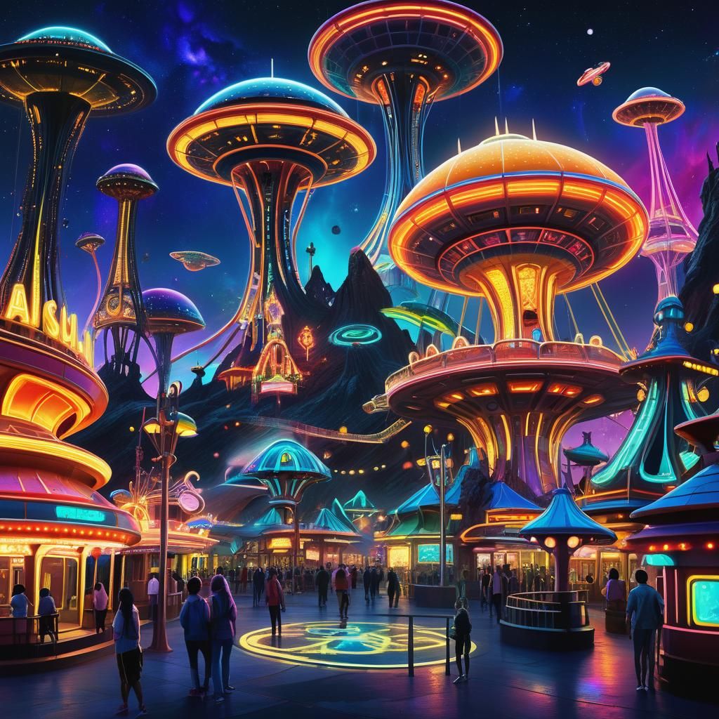 Amusement park nestled on the vibrant, alien terrain of an otherworldly planet