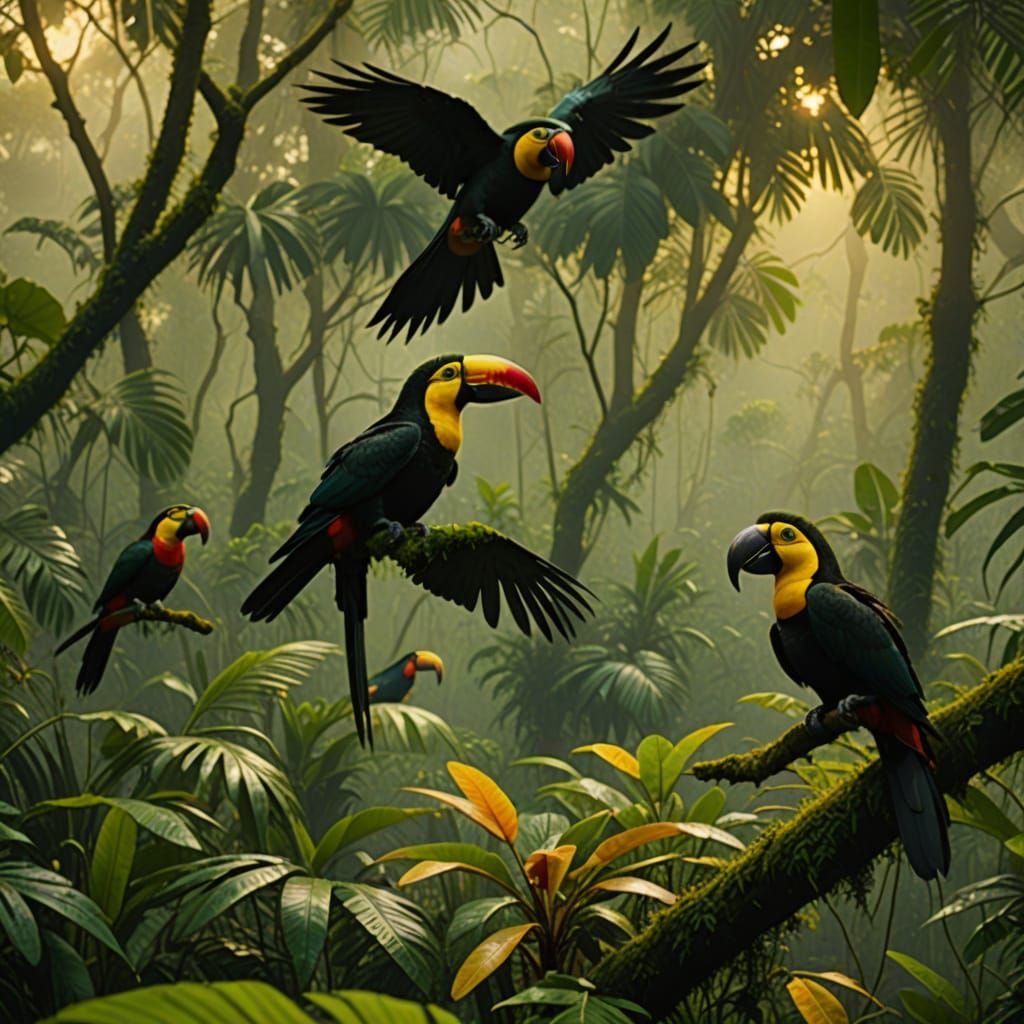Parrots and Toucans in a Misty Rainforest