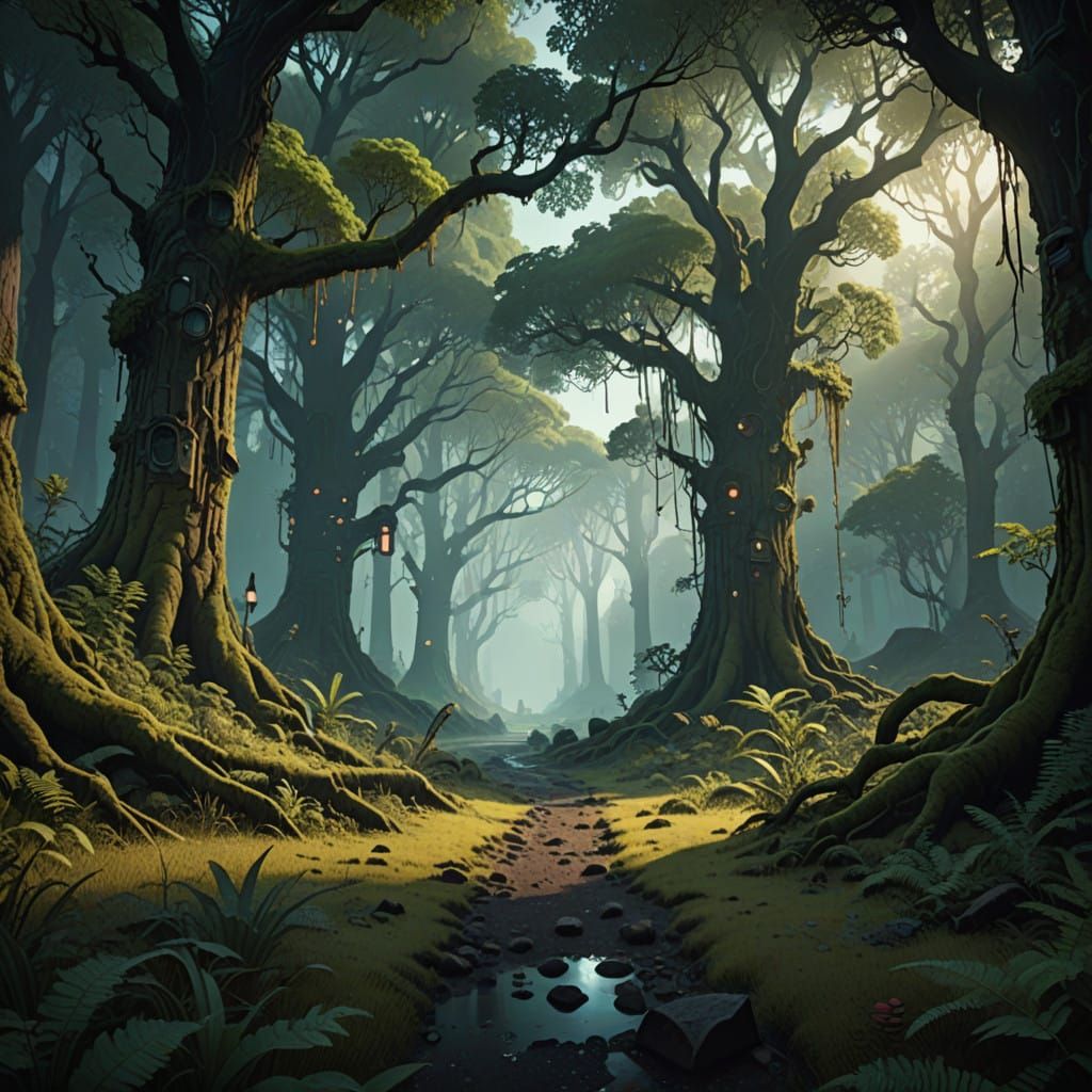 Mysterious Moonlit Forest with Ancient, Twisted Trees