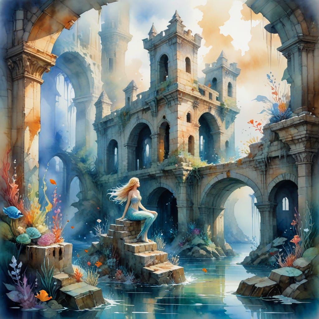 Mermaid Exploring Underwater Ruins in Watercolor Style