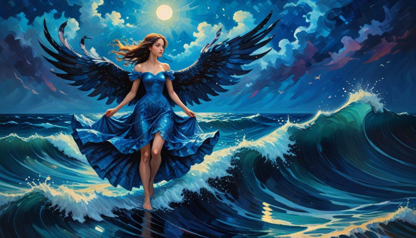 Winged Princess Soaring Over Bioluminescent Ocean
