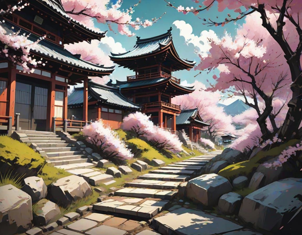 Blossoming Cherry Trees in Anime Art Style
