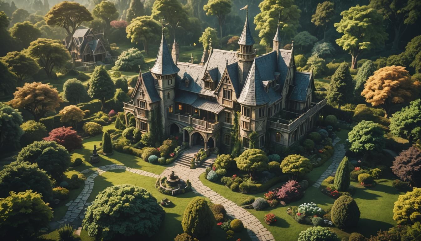 Epic 35mm Fantasy Wizard Mansion in a Lush Garden