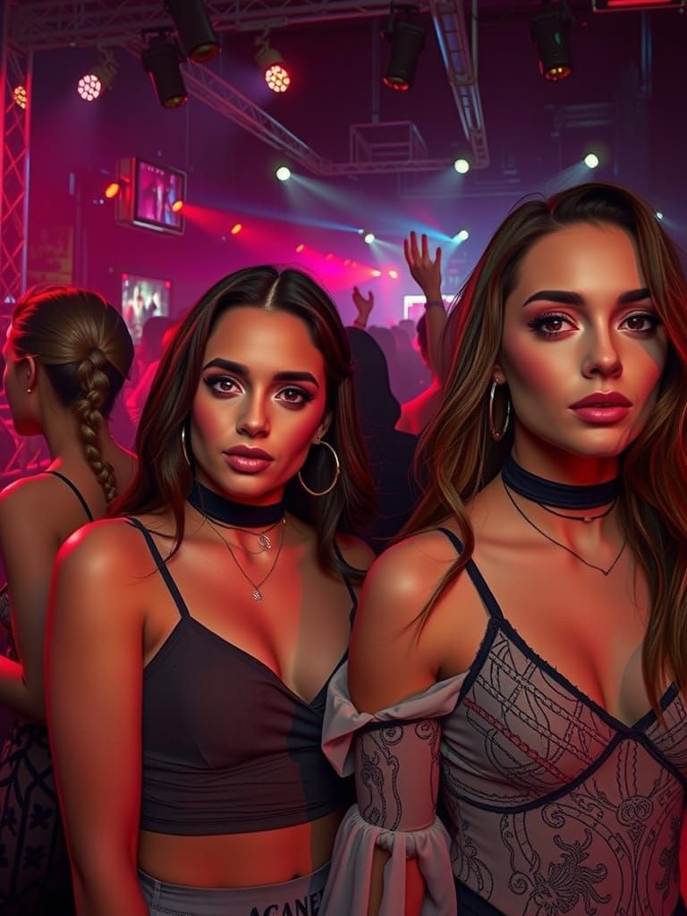 Elegant Women Explore Vibrant Nightclub in Hyperrealistic St...