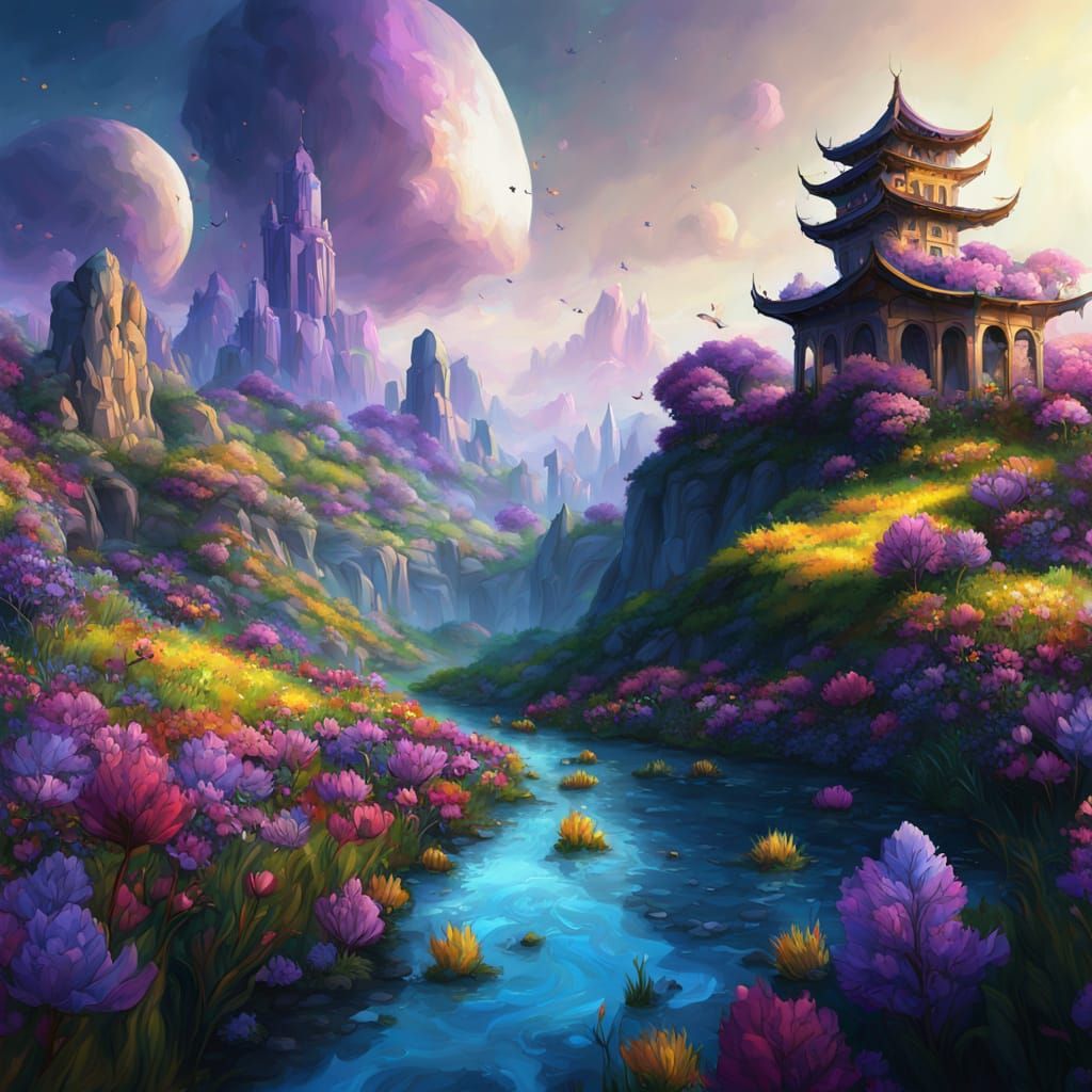 Fantasy Landscape with Flowers in Gouache Style