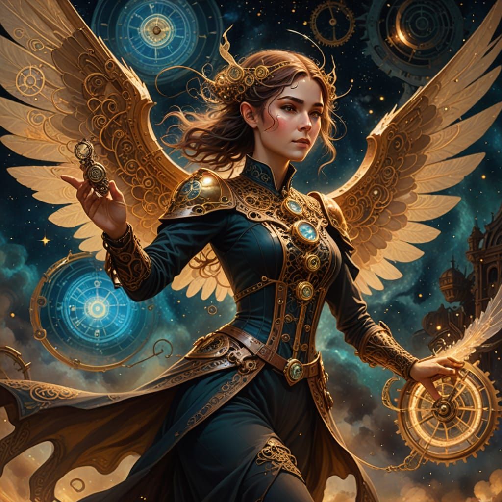 Steampunk Elf Soaring Through Nebula, Art Nouveau