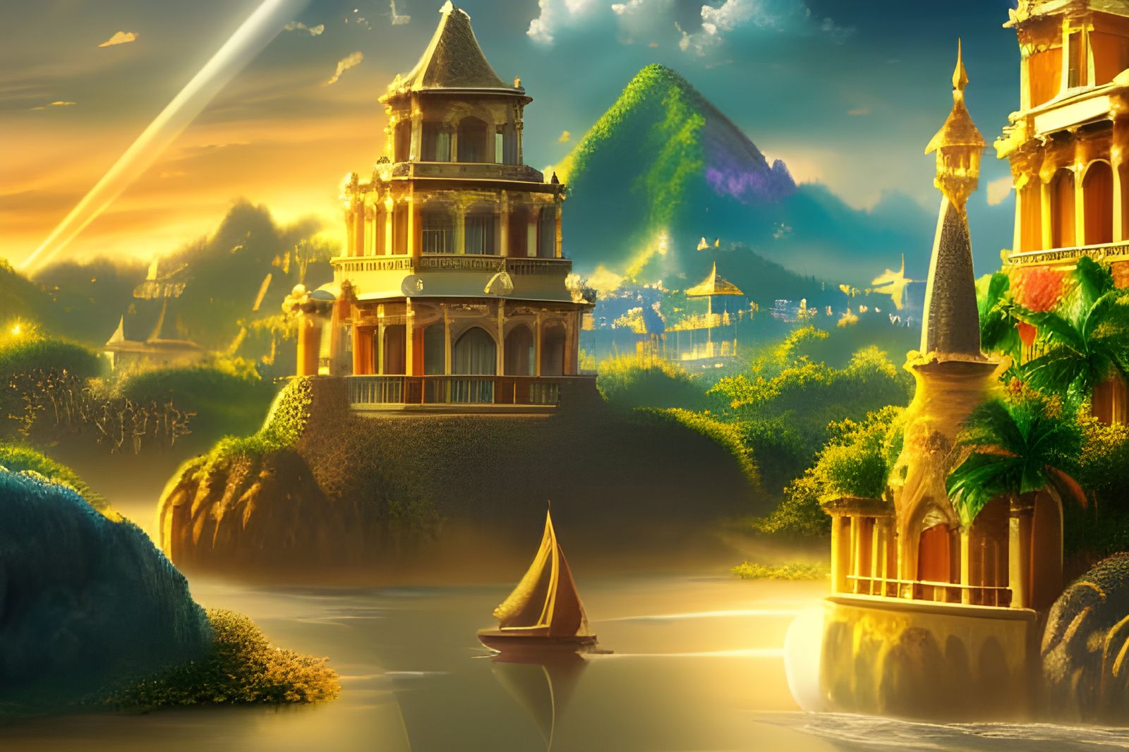 Tropical Island Paradise with Golden Architecture