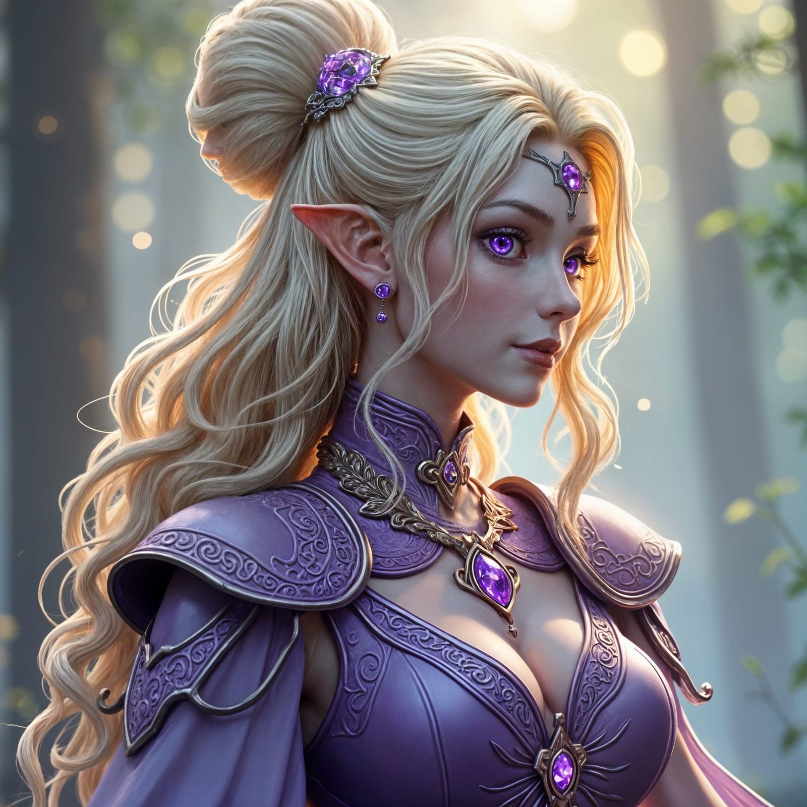 Radiant Healing Druidess with Golden Lighting and Purple Arm...