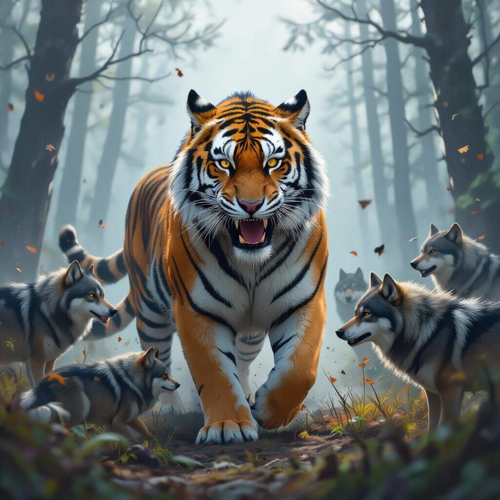 Startled Tiger in Misty Forest, Digital Art