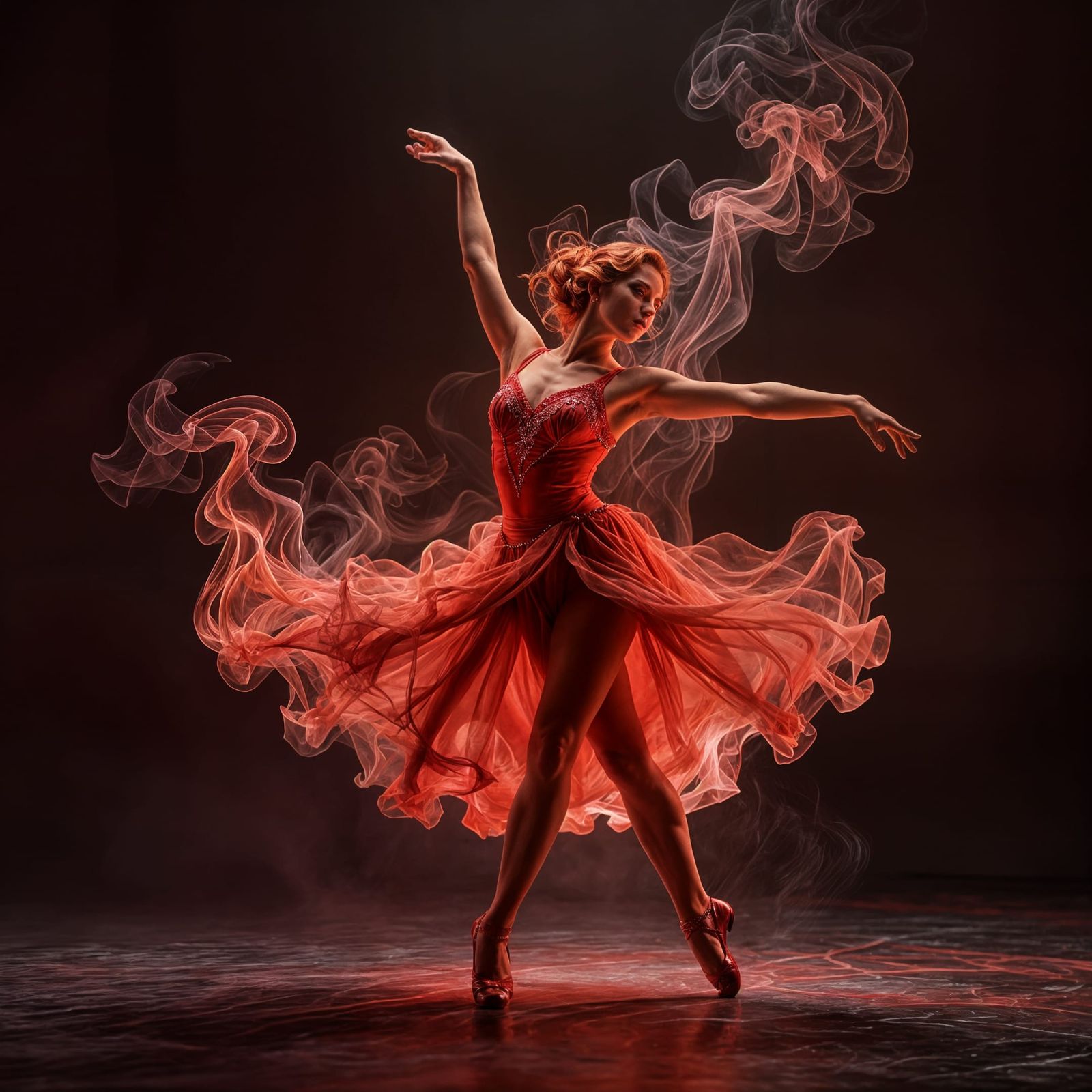 Crimson Smoke Ballroom Dancer in Dramatic Light