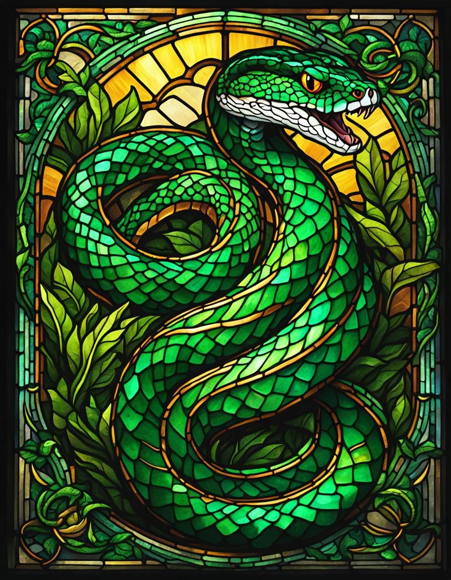 Emerald Green Stained Glass Snake in Cinematic Hyperdetail
