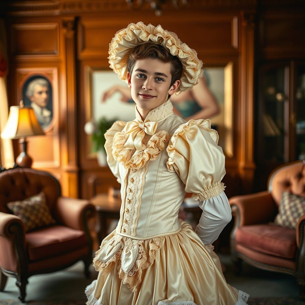 Elegant Young Man Poses in Whimsical 19th Century Doll Costu...