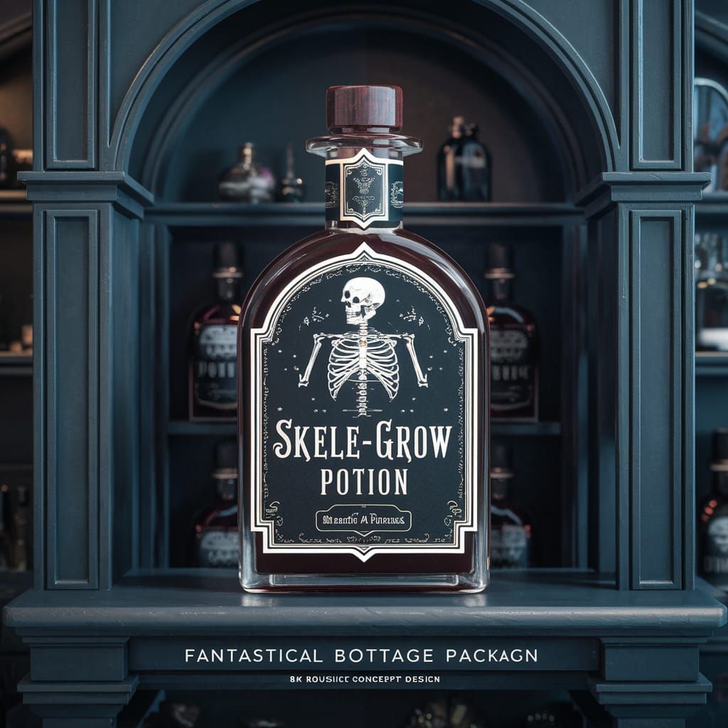 Surreal Bottle Package Design with Elegant Skeleton Motif