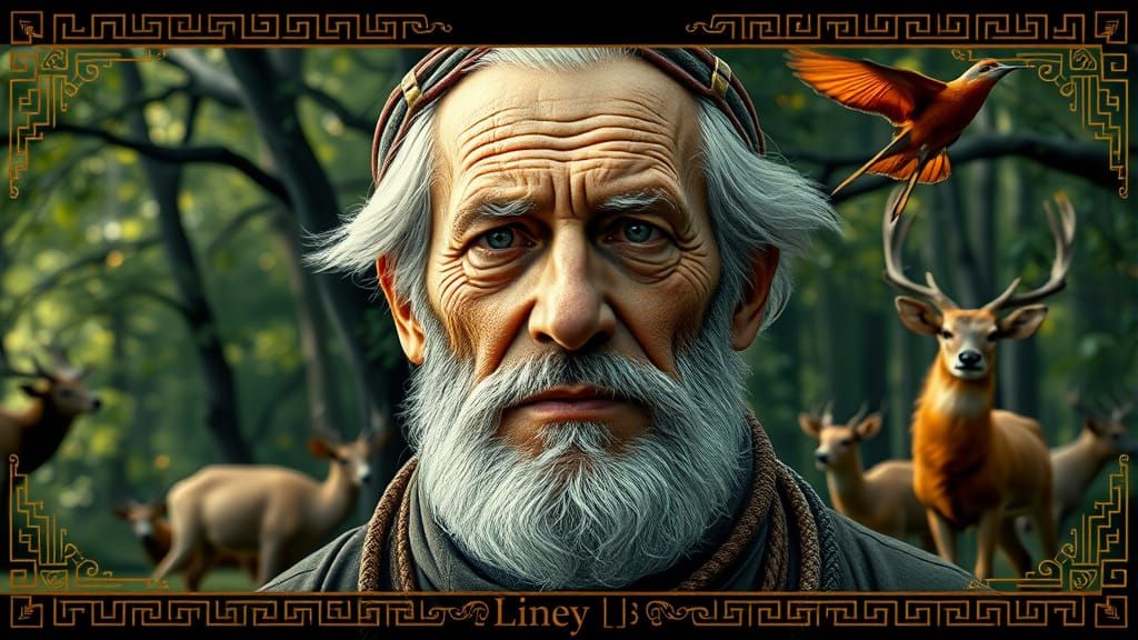 Peaceful Unshaven Man in Forest, Bilibin Style