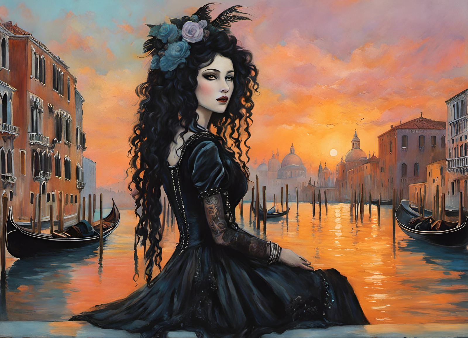 Goth Punk Girl Strolls in Dreamy Venice Sunset