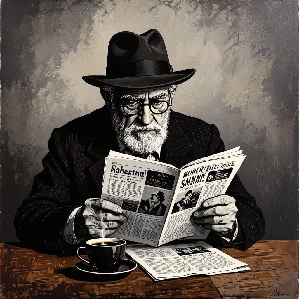 Old Man Reads Newspaper with Black Coffee in Film Noir Style