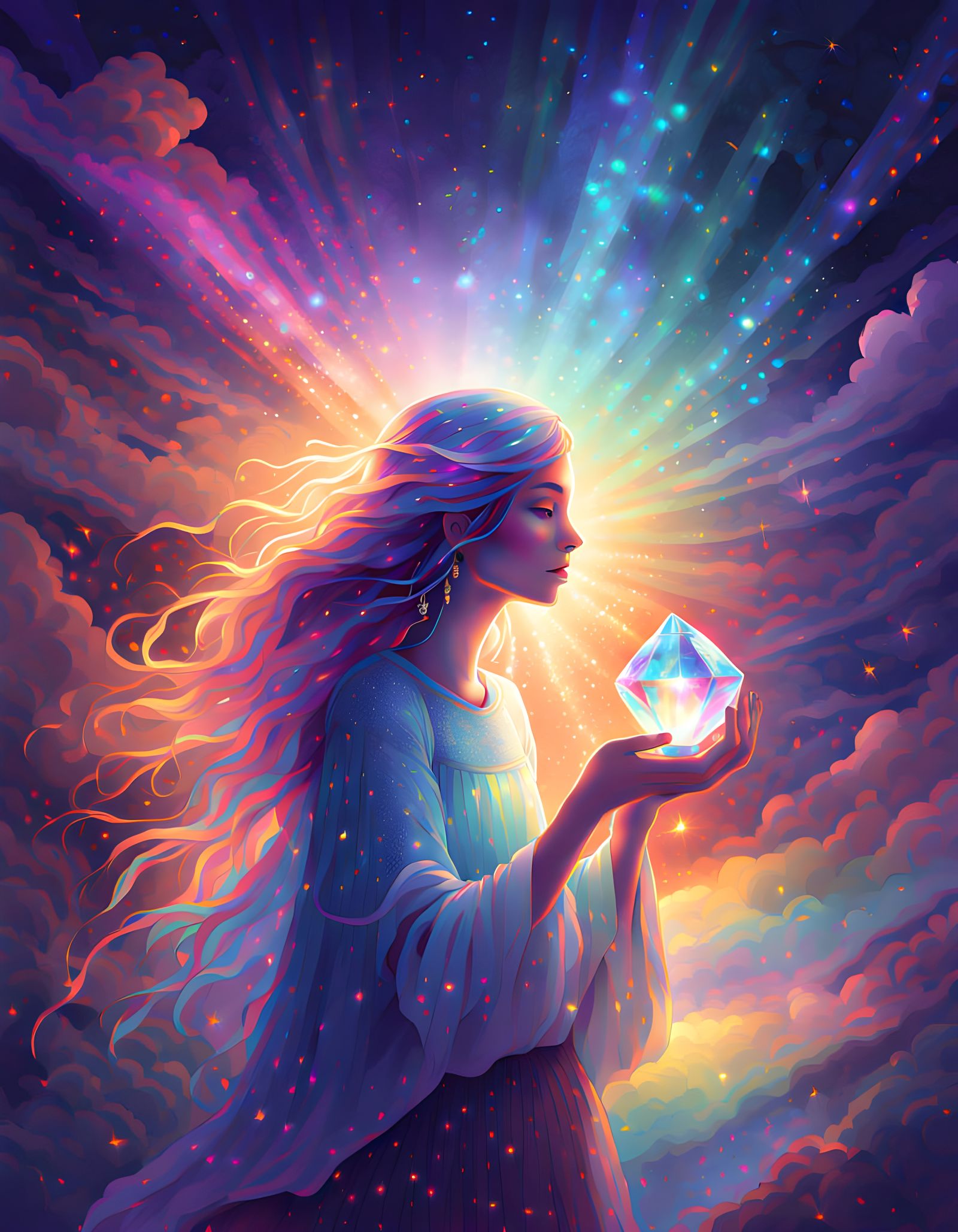 Luminous Woman with Crystal Prism in Cosmic Night