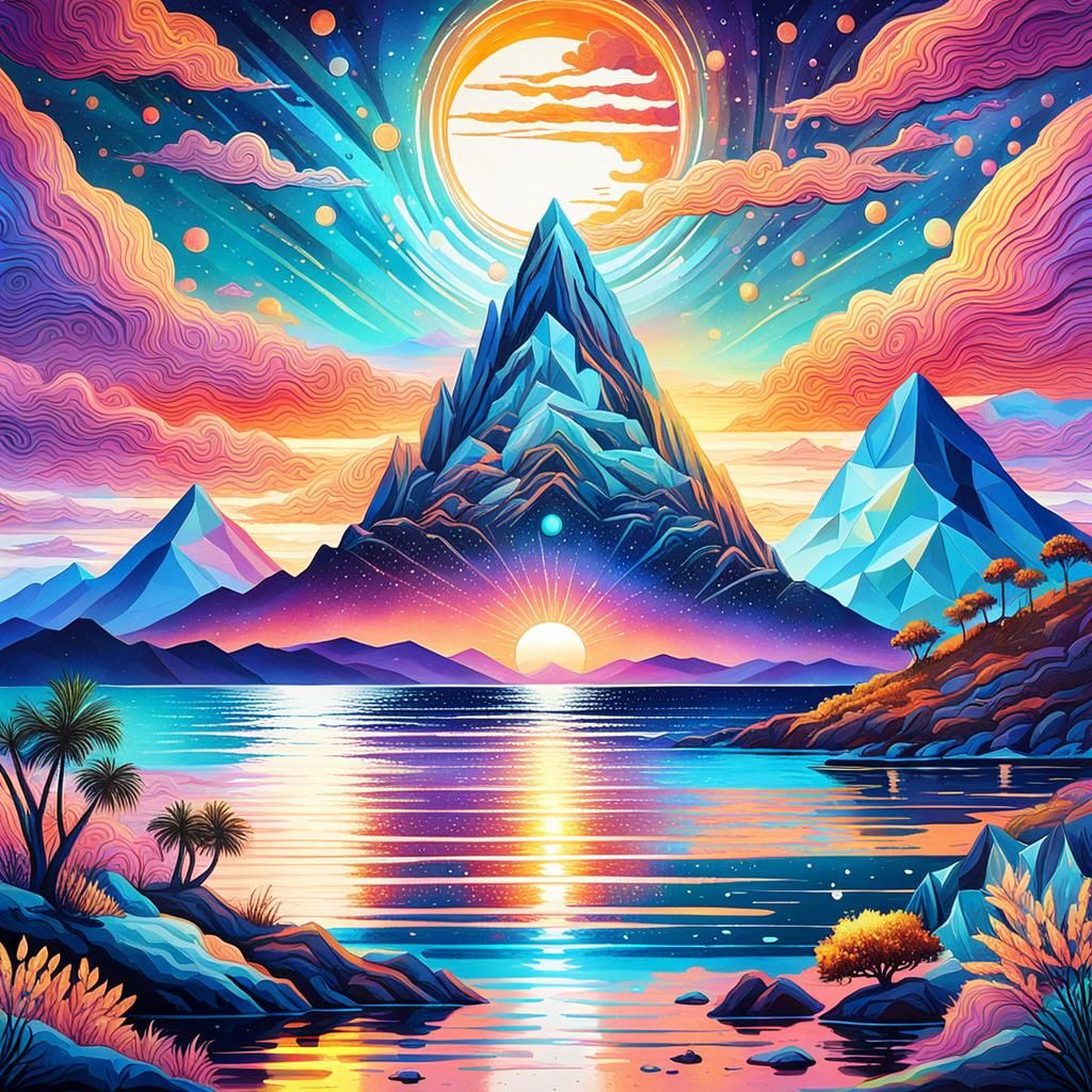 Surreal Cosmic Sunset over Majestic Bay