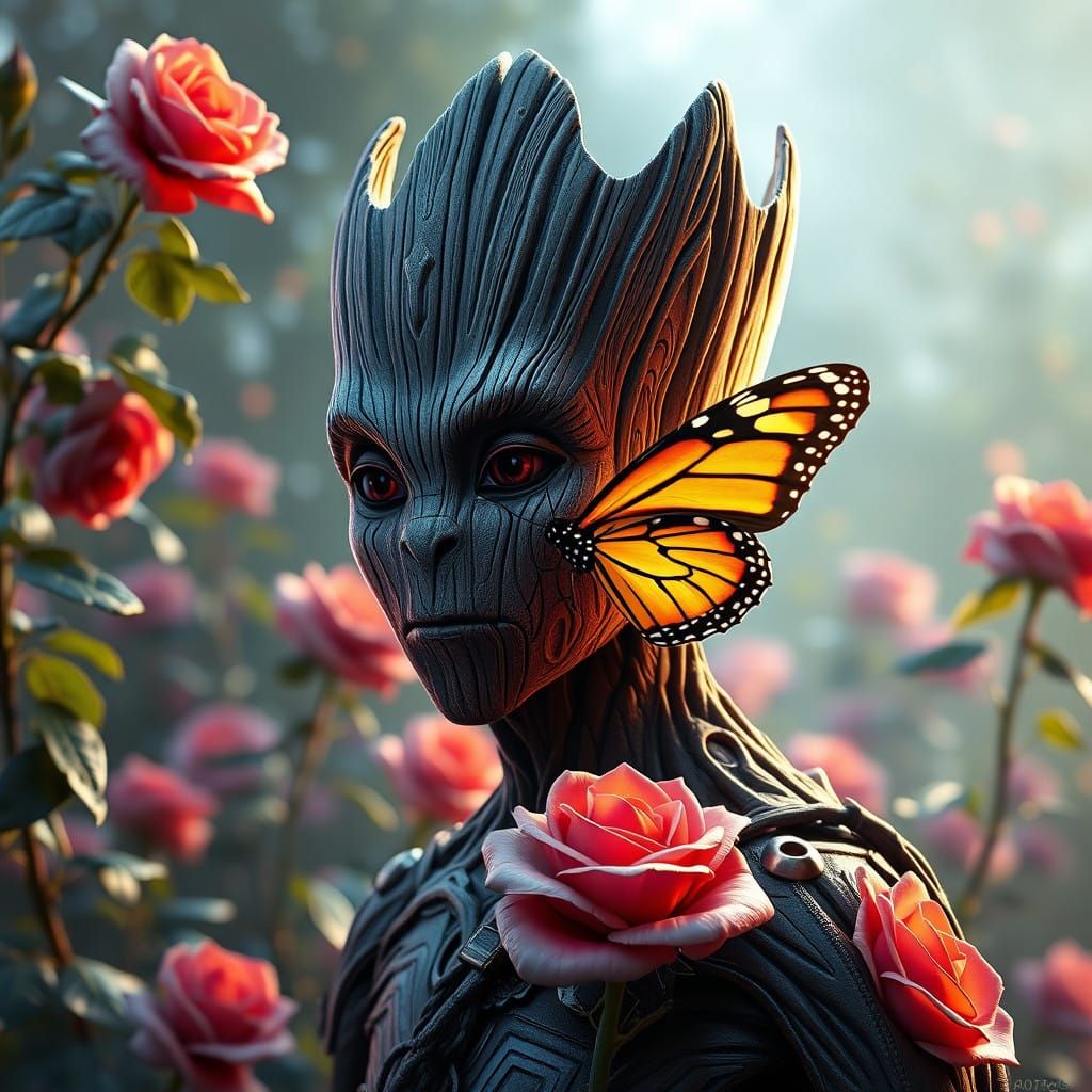 Groot Chases a Butterfly in Vibrant Rose Garden Portrait