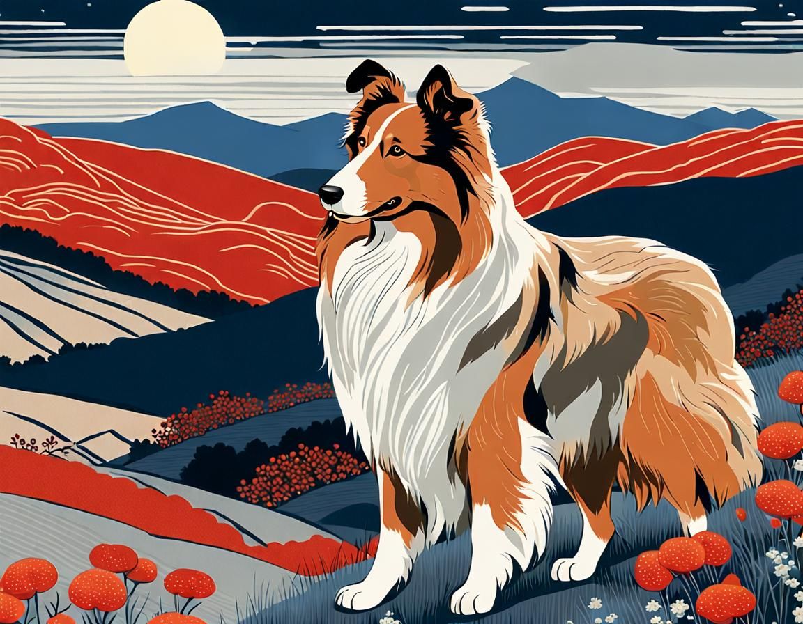 Classical Ukiyo-e Collie in Traditional Japanese Woodblock S...