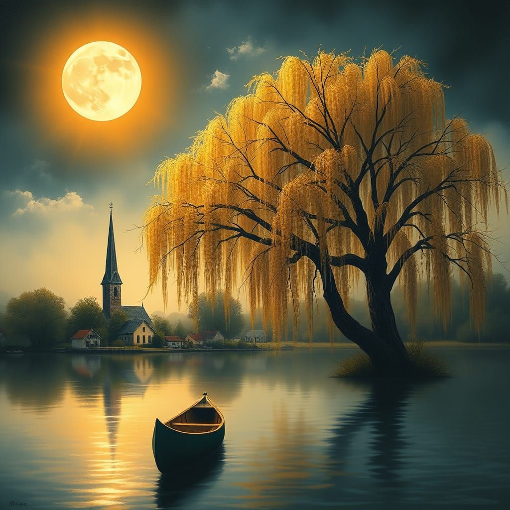 Surreal Lakeside Village at Night in Dreamy Impressionist St...